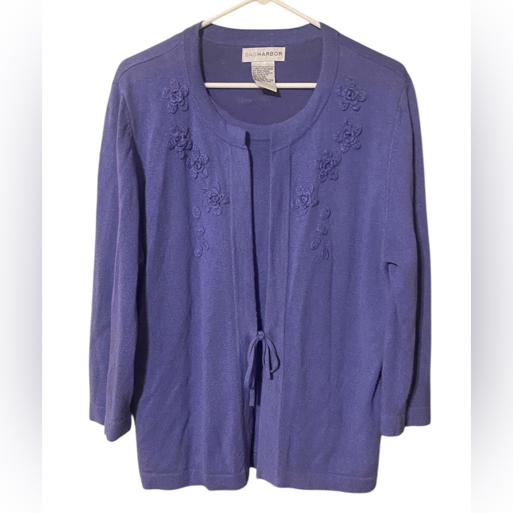 Vintage Sag Harbor Cardigan Sweater Women XL Purple Floral Y2K Cottagecore Comfy